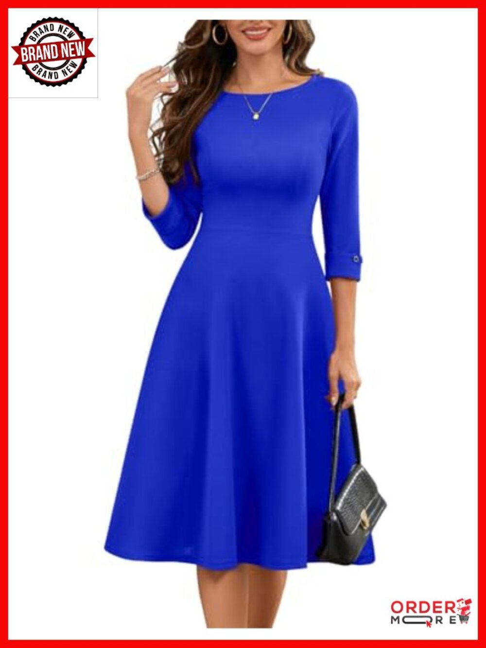 Fit and Flare Midi Dress with Pockets 3/4 Sleeve Church Cocktail Work Dress